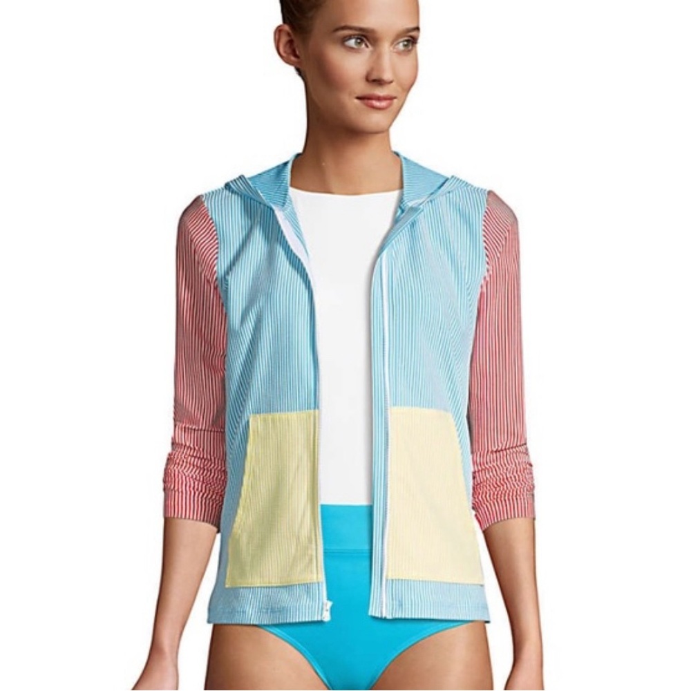 Land’s End Seersucker Style Rash Guard, Full Zip w/hoodie and pockets Size Large